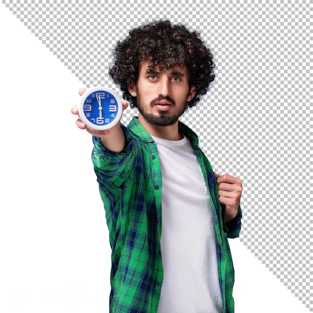 Psd a man holding a clock on a transparent realistic background