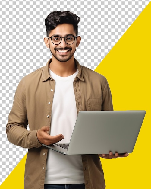 Psd man is holding a laptop and a yellow with Transparent background