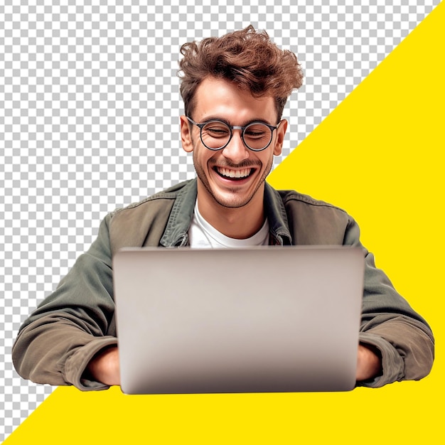 Psd man is sitting in front of a yellow background with a laptop Transparent Background