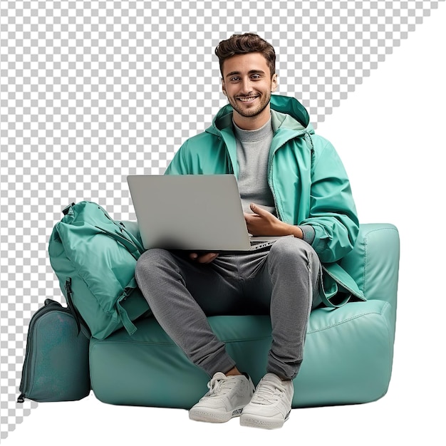 Psd man sits on a couch with a laptop with Transparent Background