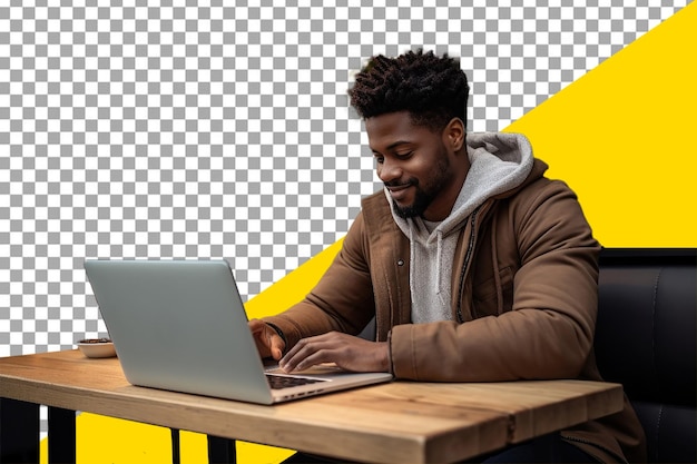 Psd man sits at a table with a laptop With Transparent background