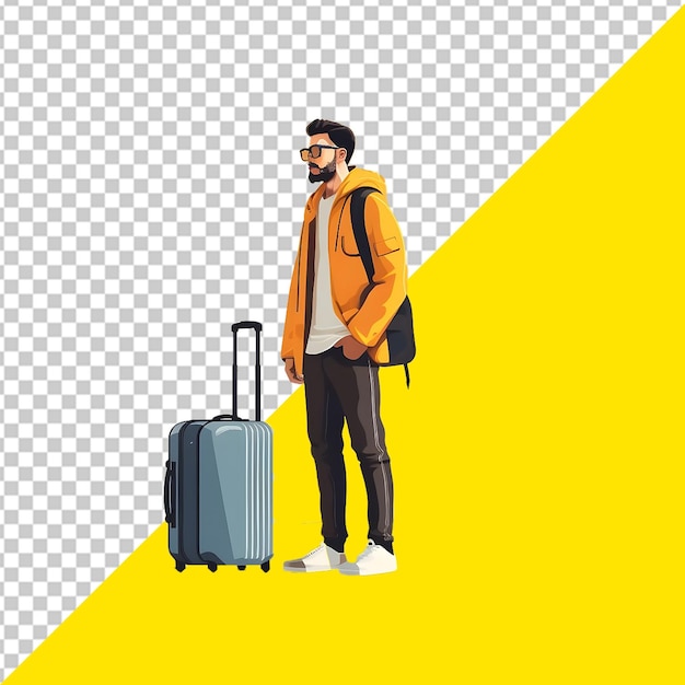 Psd man with a backpack and a suitcase on the ground With Transparent Background