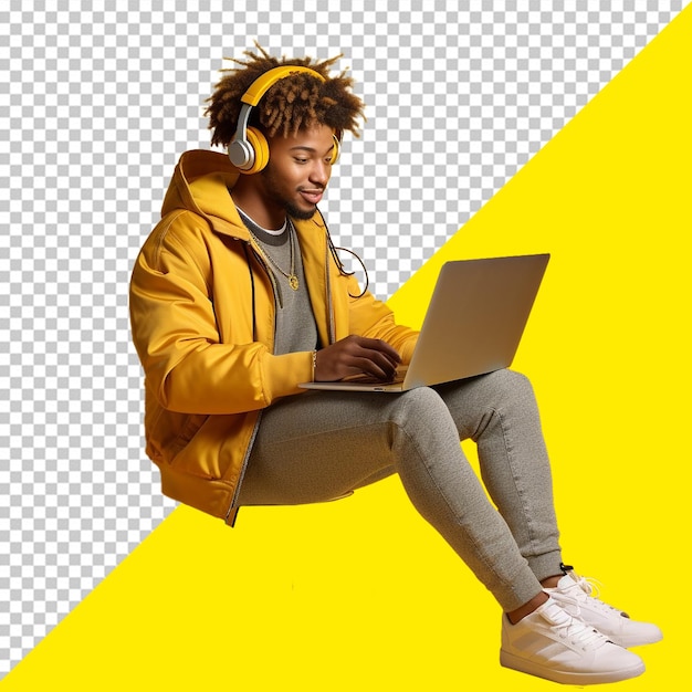 Psd man with headphones on and a laptop With Transparent Background