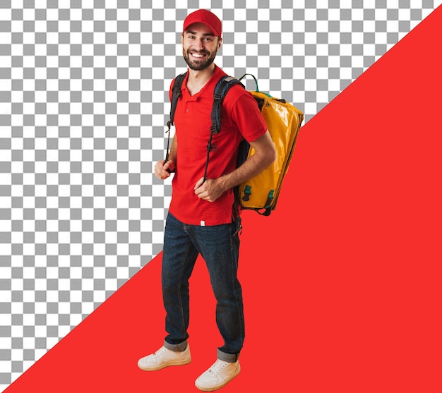 PSD a man with a red hat and a yellow backpack with transparent background