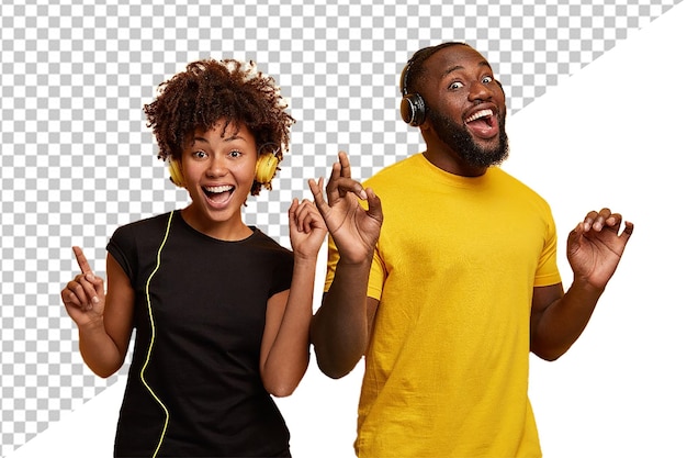 Psd man and a woman wearing headphones with one wearing a yellow shirt With Transparent