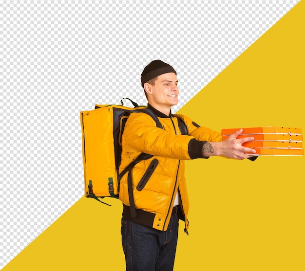 PSD a man in a yellow jacket carrying a giant yellow rocket with transparent background