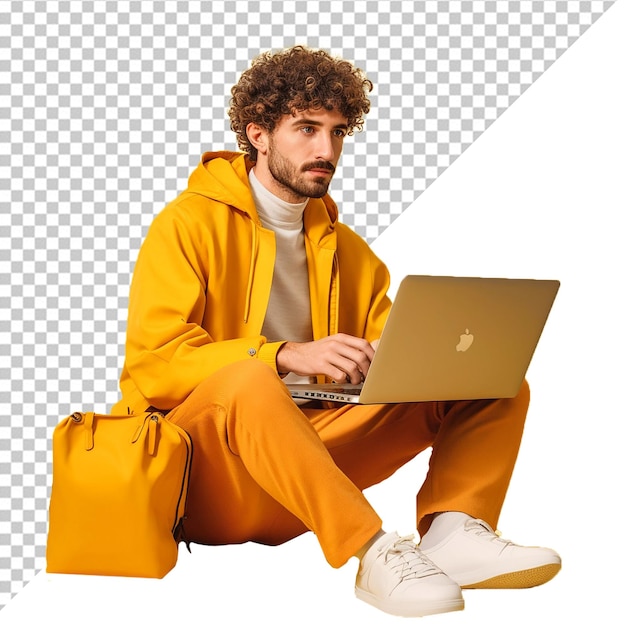 Psd man in a yellow raincoat sits on a stool with a laptop With Transparent Background