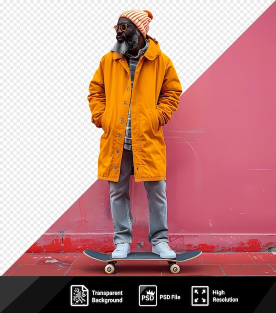 psd mature skateboardrer in yellow jacket and striped hat stands in front of a pink wall holding a black skateboard with white and yellow wheels he wears gray pants and stands next to png