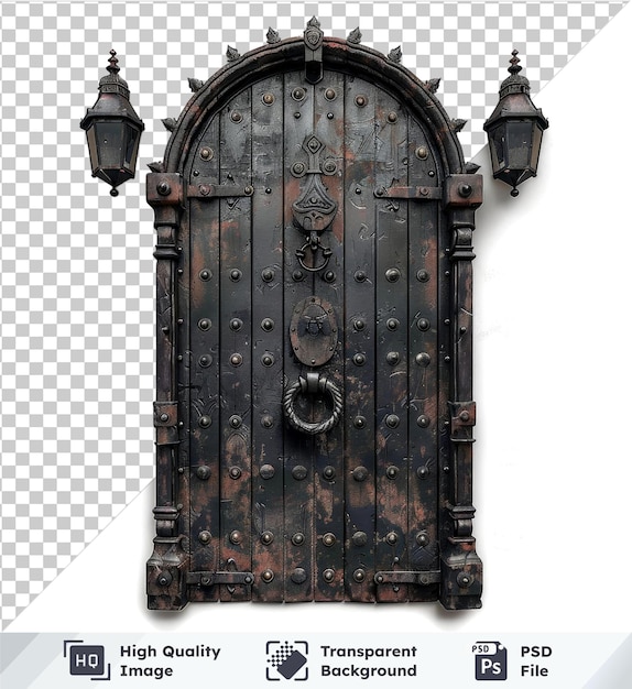 Psd medieval door with metal studs knocker isolated on transparent background