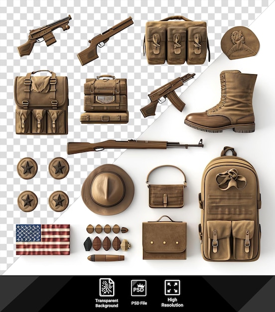 psd memorial day item set featuring brown boots guns and hats displayed on a transparent background