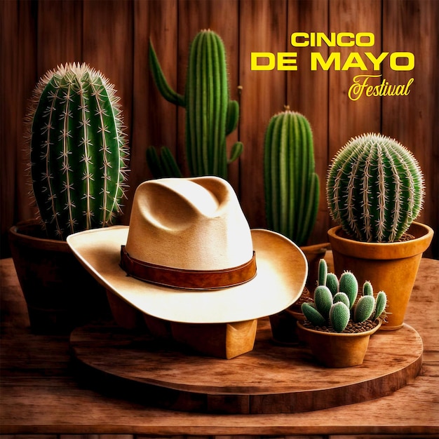 PSD Mexican holiday Cinco de Mayo concept with cactus and mexican hat background