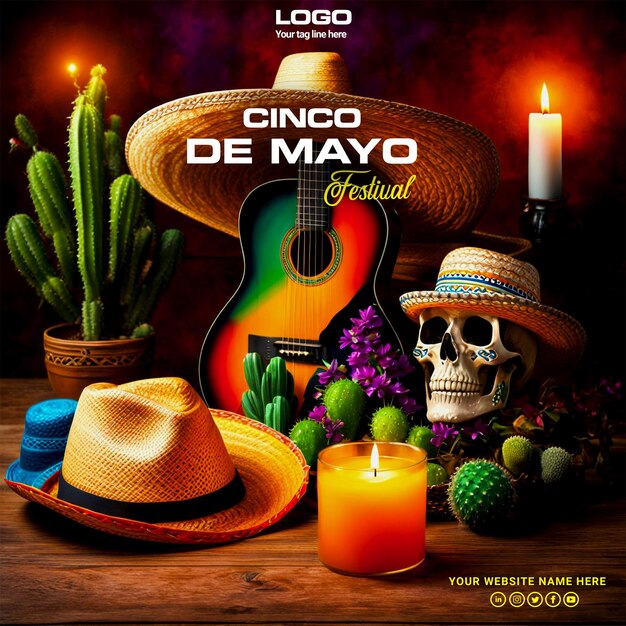 PSD Mexican holiday Cinco de Mayo concept with cactus and mexican hat background