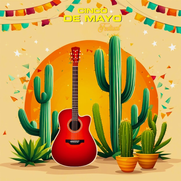 PSD Mexican holiday Cinco de Mayo concept with cactus and mexican hat background