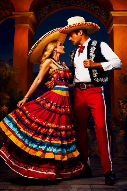 PSD Mexican holiday Cinco de Mayo concept with couple dancing mariachi music background