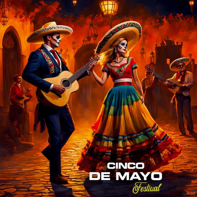 PSD Mexican holiday Cinco de Mayo concept with couple dancing mariachi music background