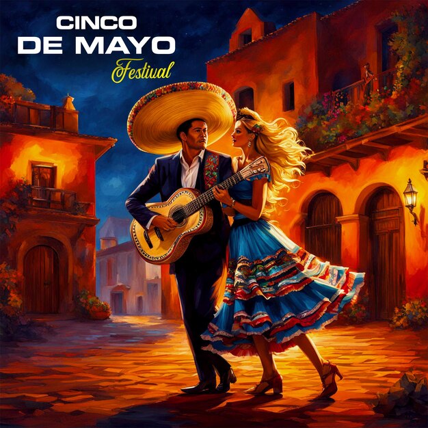 PSD Mexican holiday Cinco de Mayo concept with couple dancing mariachi music background