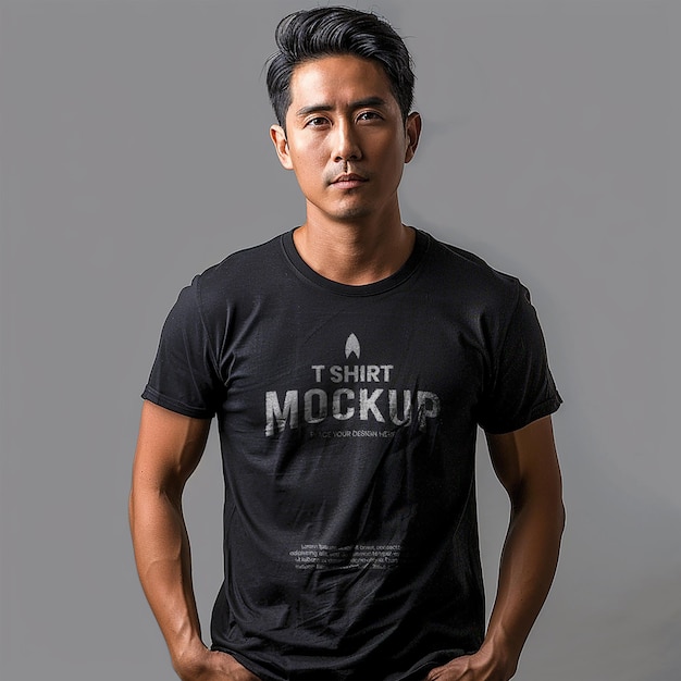 PSD mockup black tshirt oversize worn by asian man with grey backdrop studio background