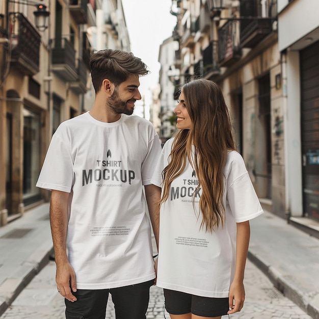 psd mockup couple man and women wearing plain white oversized tshirt with roadside background