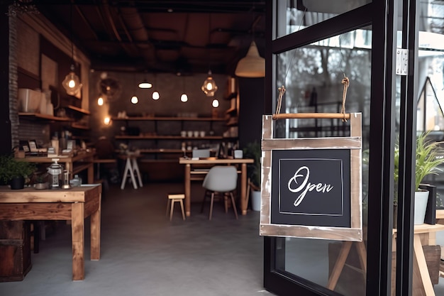 PSD mockup design of chalk board with text we are open in front of a restaurant