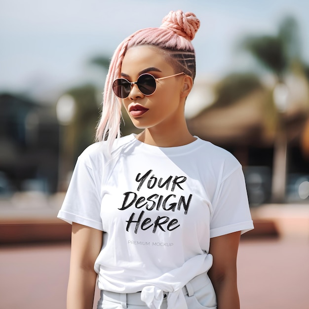 PSD Mockup Featuring a Beautiful Modern African American Woman in a White TShirt with Pink Hair