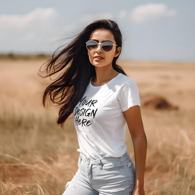 PSD Mockup Featuring a Beautiful Modern Indian Woman in a White TShirt