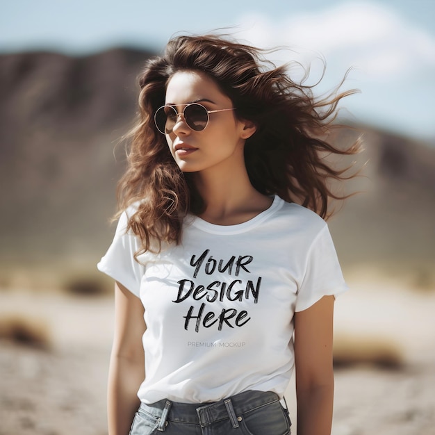 PSD Mockup Featuring a Gorgeous Brunette Female with Curly Hair Wearing a White TShirt