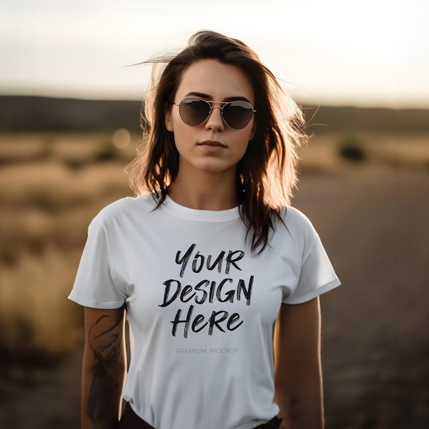 PSD Mockup of a Gorgeous Female Wearing a White TShirt in a Sunny Background