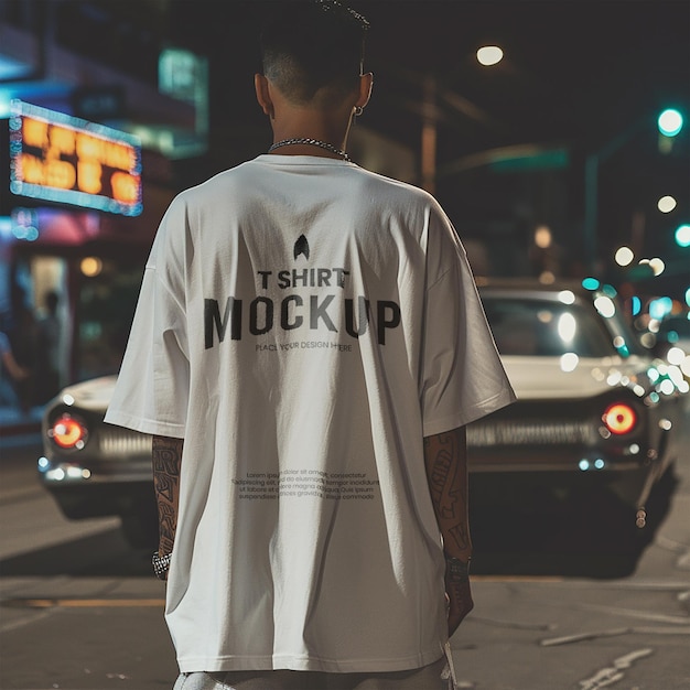 PSD Mockup man wearing plain oversize tshirt backward with street and lowrider carbackground