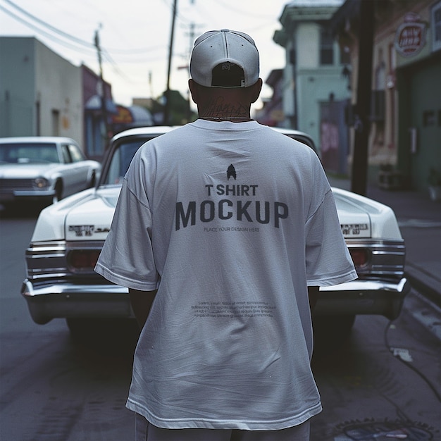 PSD Mockup man wearing plain oversize tshirt backward with street and lowrider carbackground