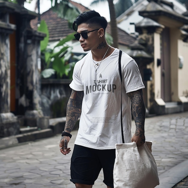 psd mockup man wearinging a plain oversized white tshirt and black shorts carrying a tote bag