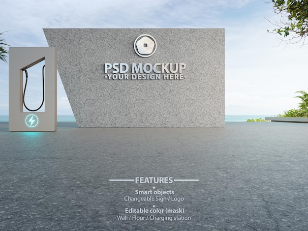 PSD mockup for metal logo or sign with editable wall floor and charging station color