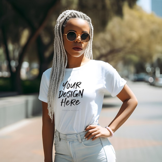 PSD Mockup of a Modern African American Woman Wearing a White TShirt and sunglasses