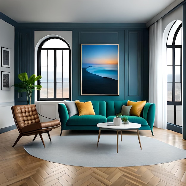 Psd mockup modern blue living room frame mockup