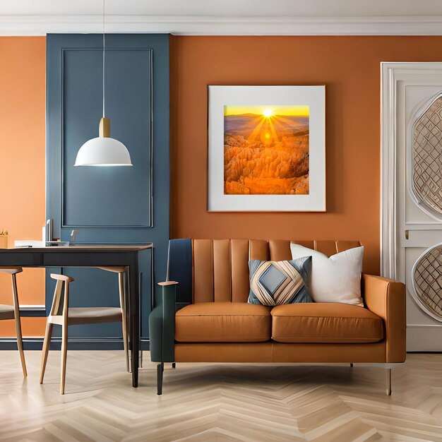 Psd mockup modern orange living room frame mockup