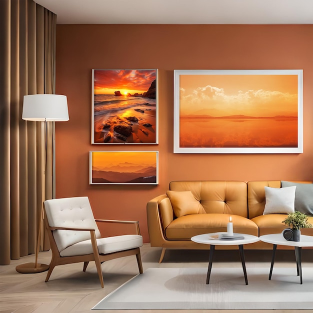 Psd mockup modern orange living room frame mockup