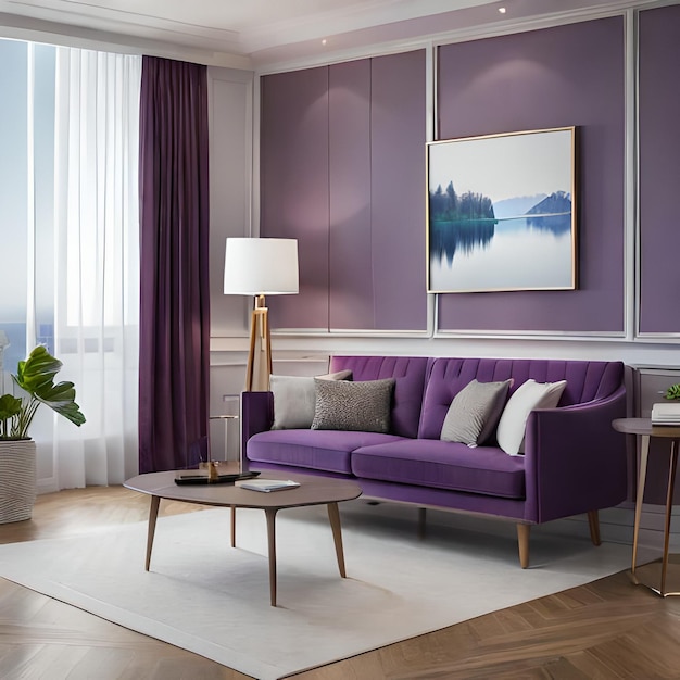 Psd mockup modern purple living room frame mockup