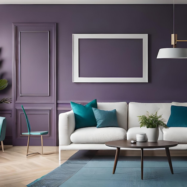 Psd mockup modern purple living room frame mockup