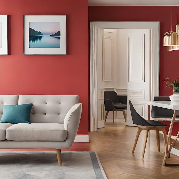 Psd mockup modern red living room frame mockup