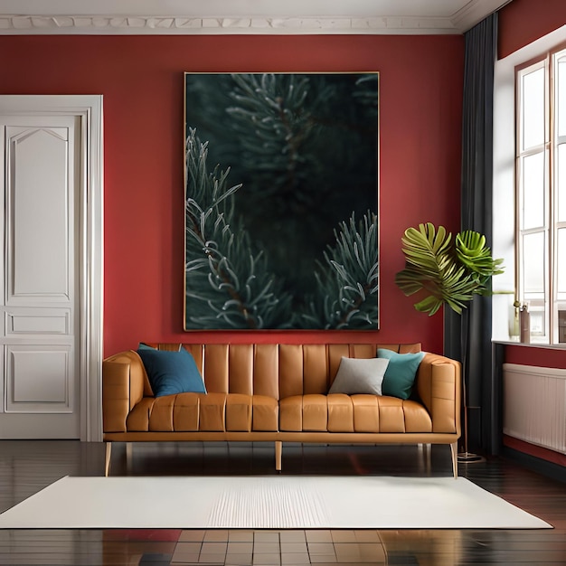 Psd mockup modern red living room frame mockup