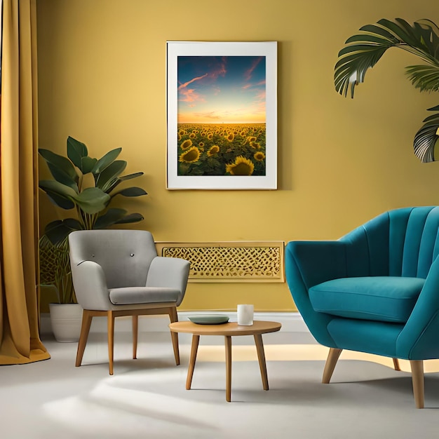 Psd mockup modern yellow living room frame mockup