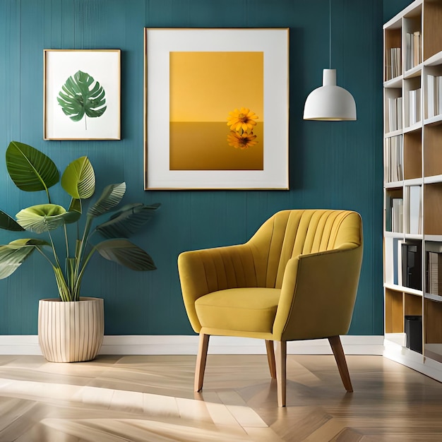 Psd mockup modern yellow living room frame mockup