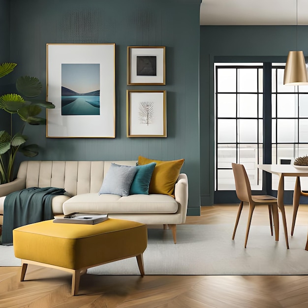 Psd mockup modern yellow living room frame mockup