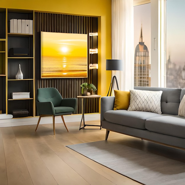 Psd mockup modern yellow living room frame mockup