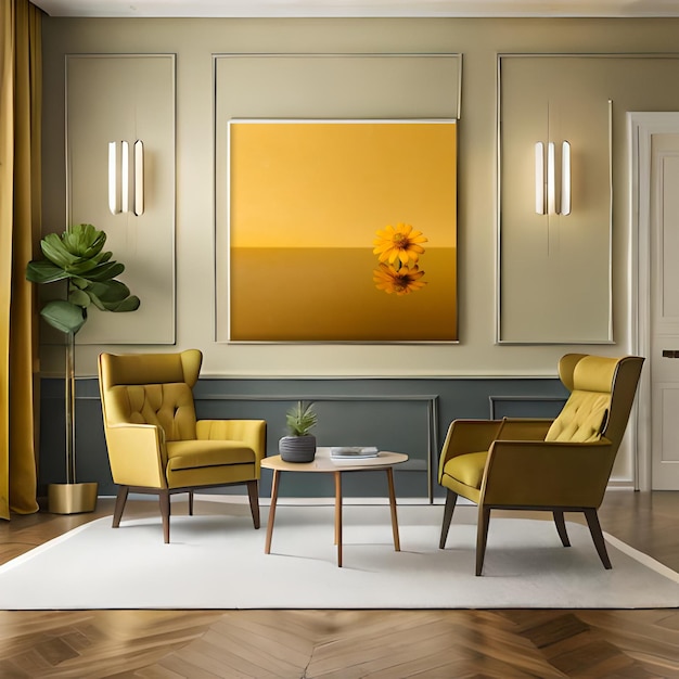 Psd mockup modern yellow living room frame mockup