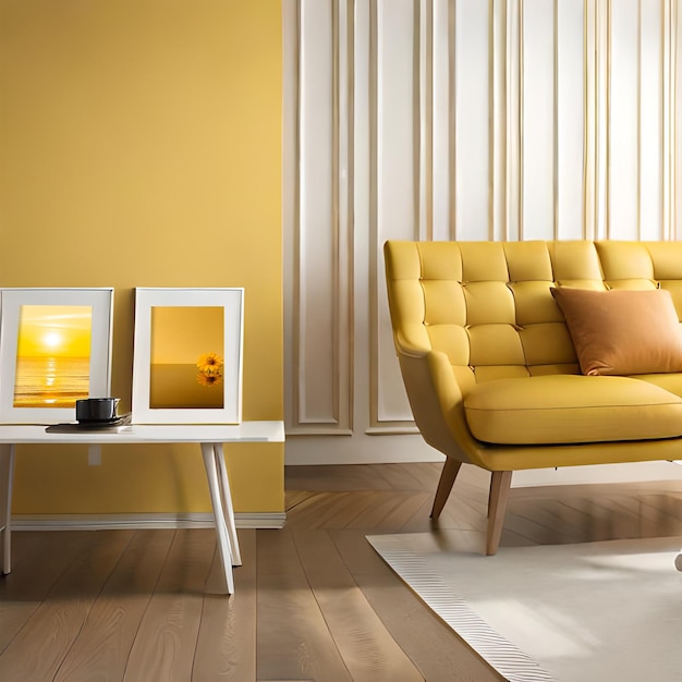 Psd mockup modern yellow living room frame mockup