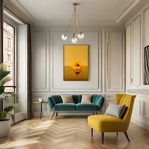 Psd mockup modern yellow living room frame mockup