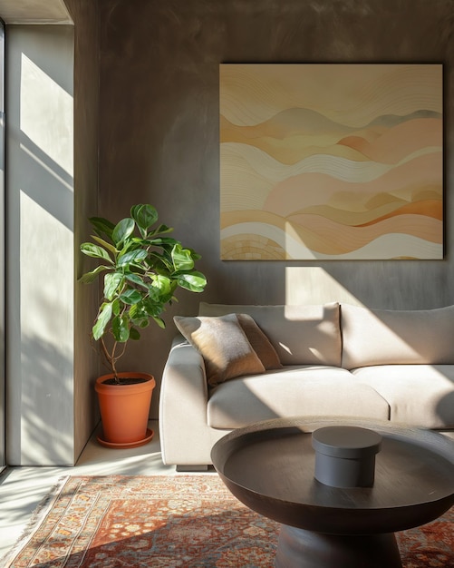 PSD psd mockup of a painting in a stylish hall interior filled with sunlight and plants