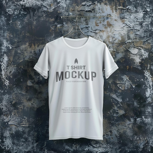 psd mockup plain white t shirt hanging on hanger with abstract stone background