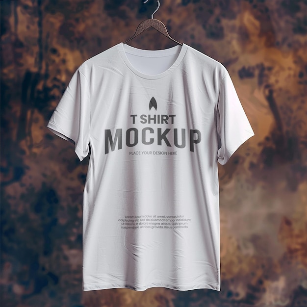 psd mockup plain white t shirt hanging on hanger with abstract stone background