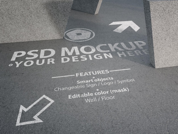 PSD mockup for white painted logo or sign on asphalt road with editable floor and wall color